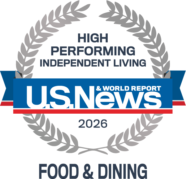 U.S. News 2026 High Performing Independent Living award badge recognizing the community's excellence in Food & Dining.