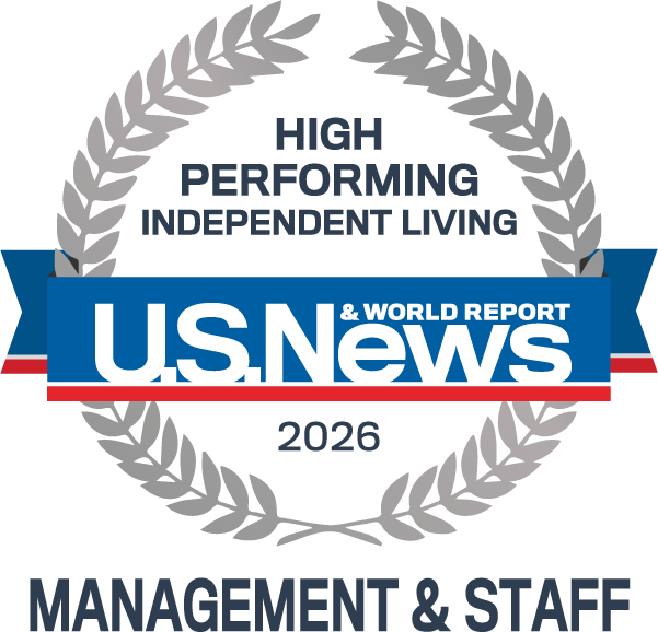 U.S. News 2026 High Performing Independent Living award badge celebrating the community's management & staff.