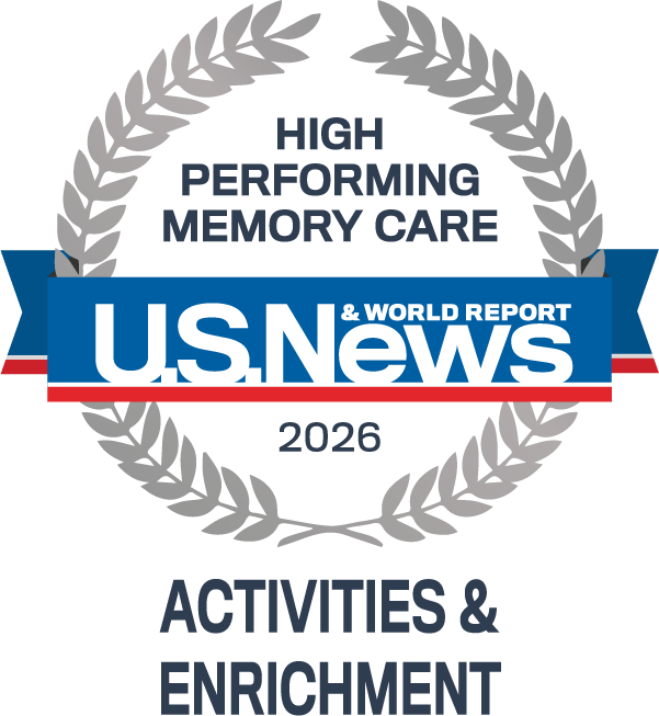 U.S. News 2026 High Performing Memory Care award badge celebrating the community's achievements in Activities & Enrichment.
